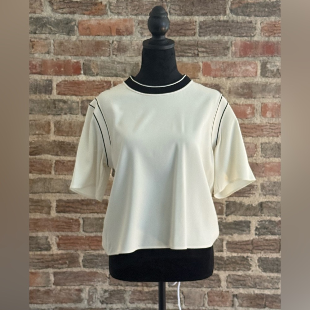 Rag & Bone Ivory Silk Blend Short Sleeve Blouse Contrast Trim Top